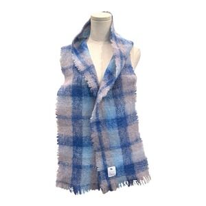 Donegal Design Mohair Wool Scarf Blue Plaid Made In Ireland Fringe Vintage 9x72